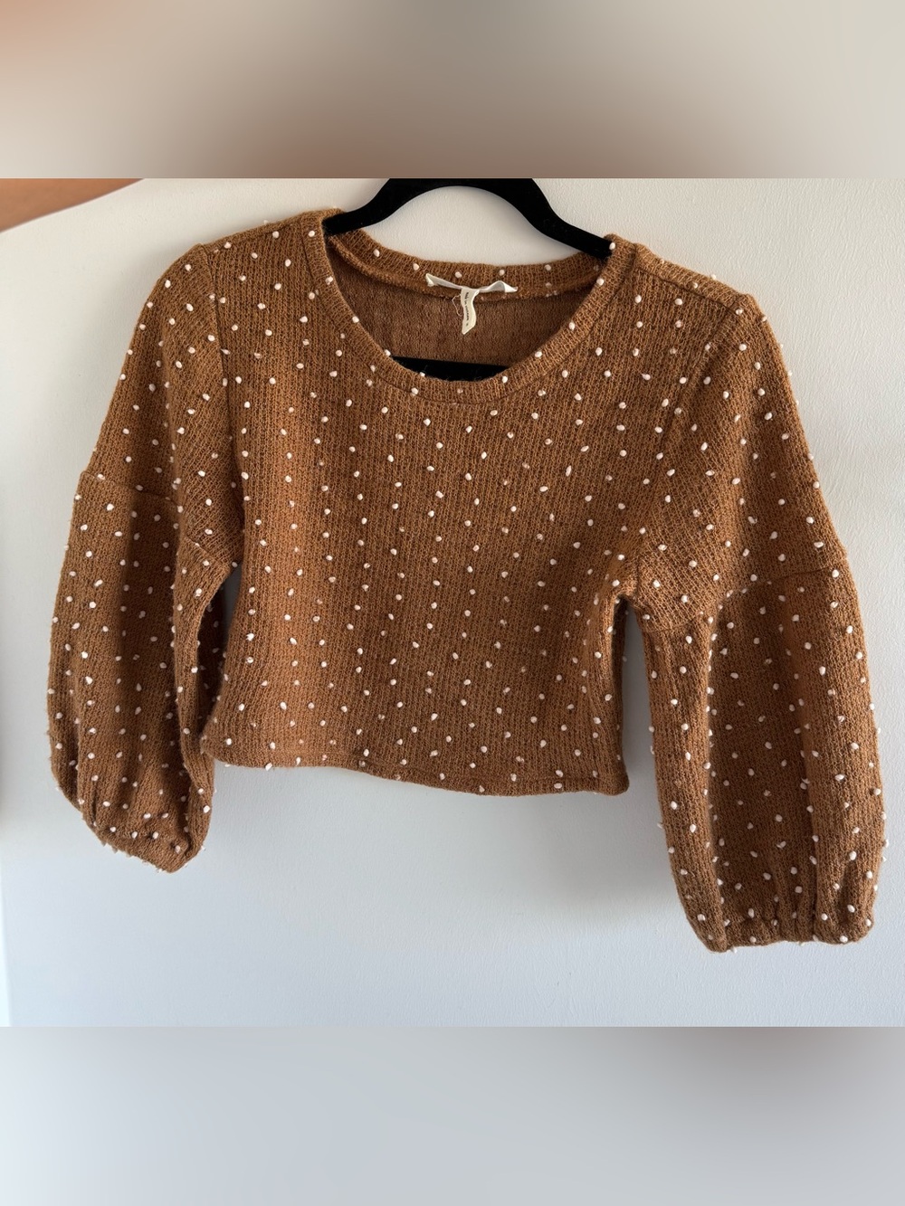 BCBG Cropped Brown Puff Sleeve Sweater with White polka dots